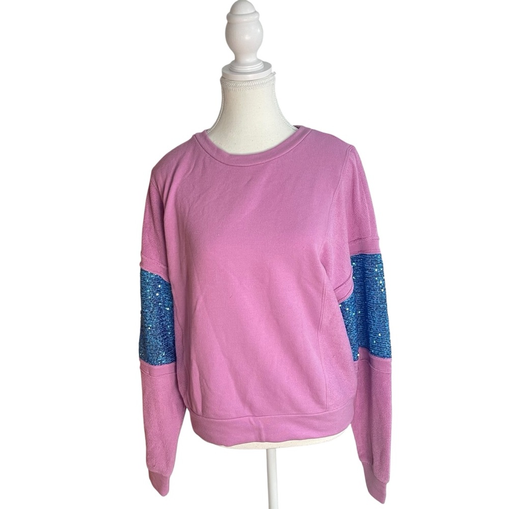 Pink Sweatshirt with Blue Sequin Sleeves